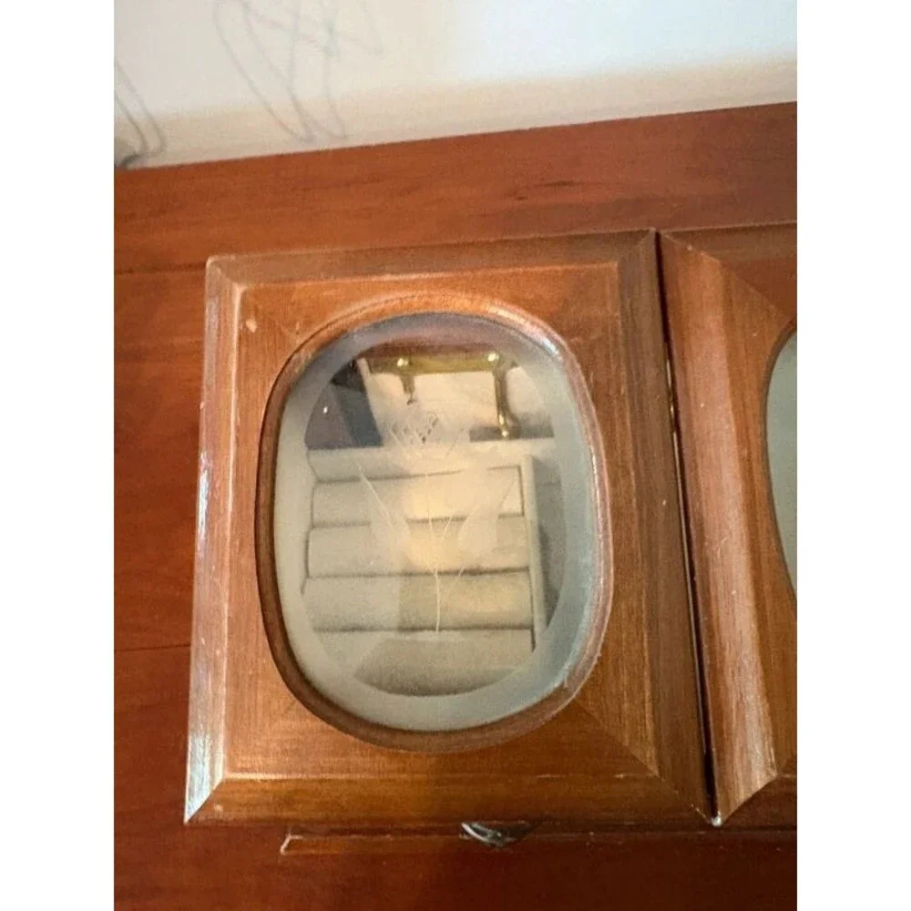 Vintage Wood Jewelry Box Double Etched Glass Rose Lids